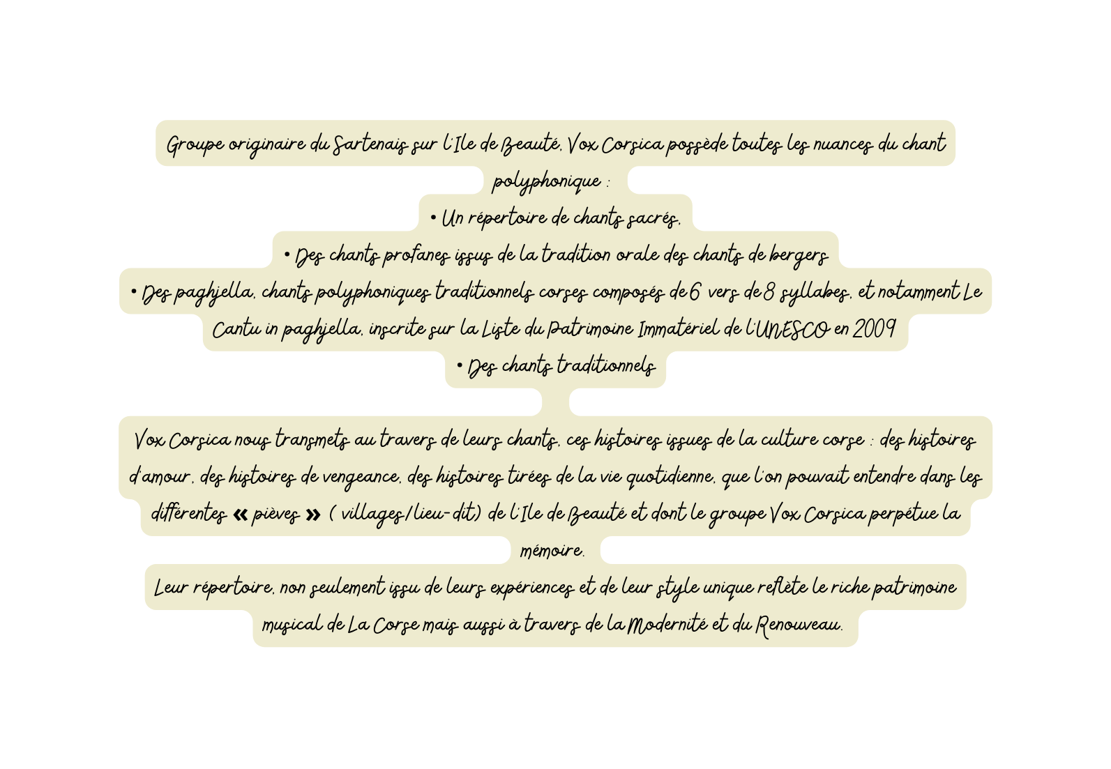 Groupe originaire du Sartenais sur l Ile de Beauté Vox Corsica possède toutes les nuances du chant polyphonique Un répertoire de chants sacrés Des chants profanes issus de la tradition orale des chants de bergers Des paghjella chants polyphoniques traditionnels corses composés de 6 vers de 8 syllabes et notamment Le Cantu in paghjella inscrite sur la Liste du Patrimoine Immatériel de l UNESCO en 2009 Des chants traditionnels Vox Corsica nous transmets au travers de leurs chants ces histoires issues de la culture corse des histoires d amour des histoires de vengeance des histoires tirées de la vie quotidienne que l on pouvait entendre dans les différentes pièves villages lieu dit de l Ile de Beauté et dont le groupe Vox Corsica perpétue la mémoire Leur répertoire non seulement issu de leurs expériences et de leur style unique reflète le riche patrimoine musical de La Corse mais aussi à travers de la Modernité et du Renouveau